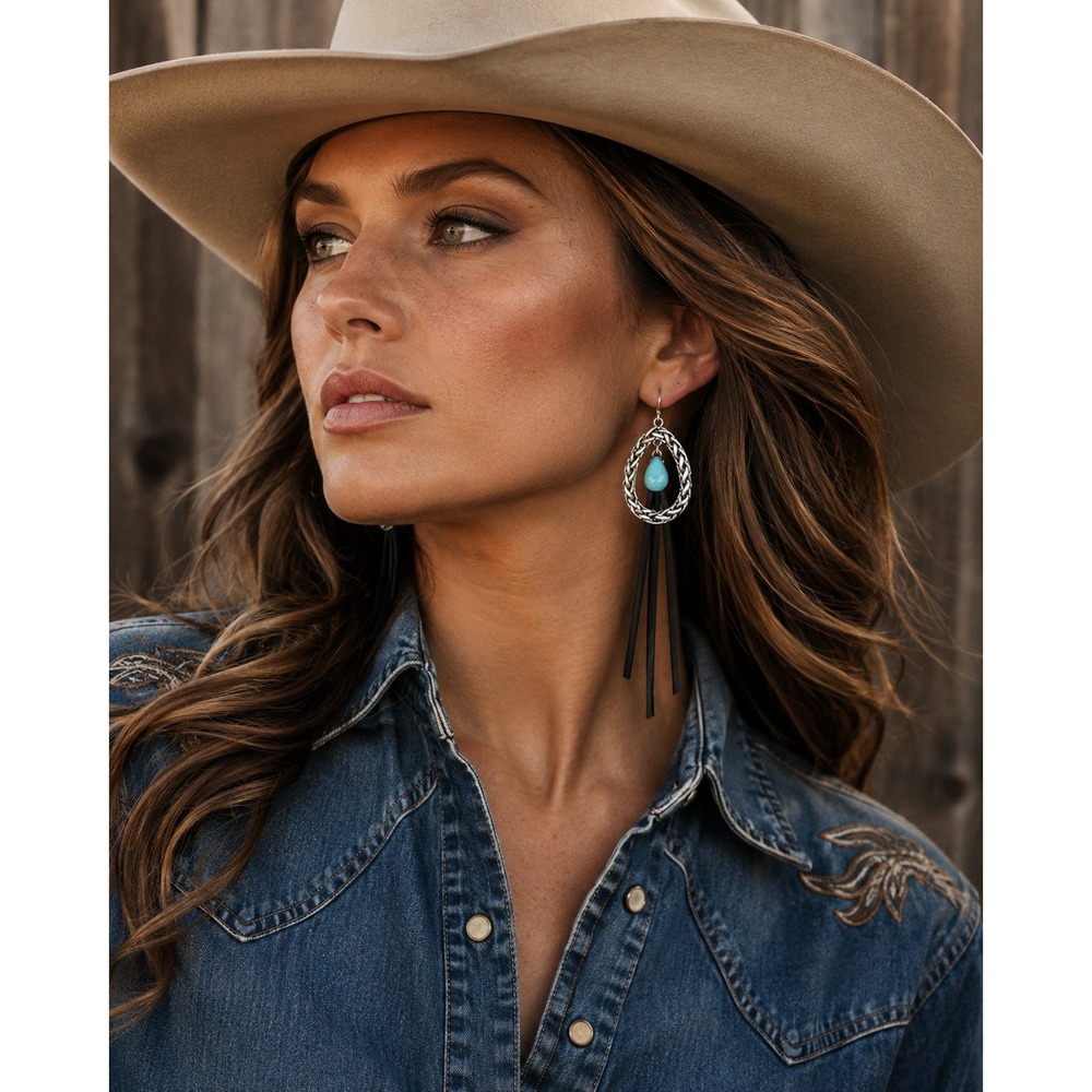 Justin Western‎ Turquoise Stone Silver Braided Teardrop Black Fringe Earrings